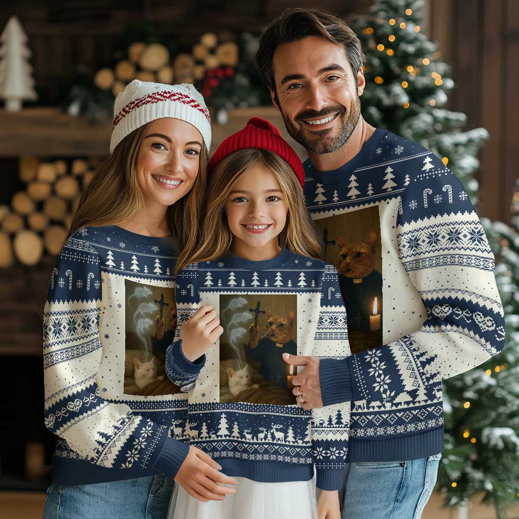 Funny Exorcist Cat Meme Ugly Christmas Sweater Dark Humor Cat TS10 Beige Navy Print Your Wear