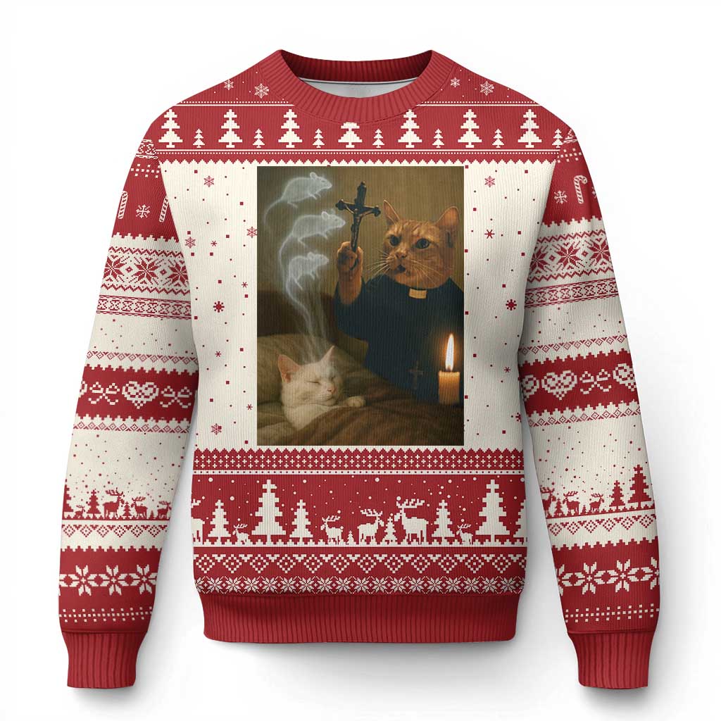 Funny Exorcist Cat Meme Ugly Christmas Sweater Dark Humor Cat TS10 Beige Red Print Your Wear