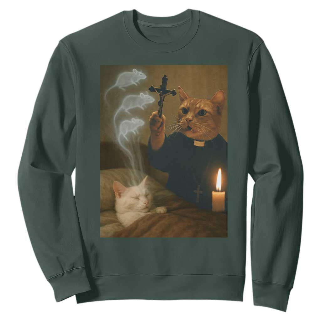 Funny Exorcist Cat Meme Sweatshirt Dark Humor Cat TS10 Dark Forest Green Print Your Wear
