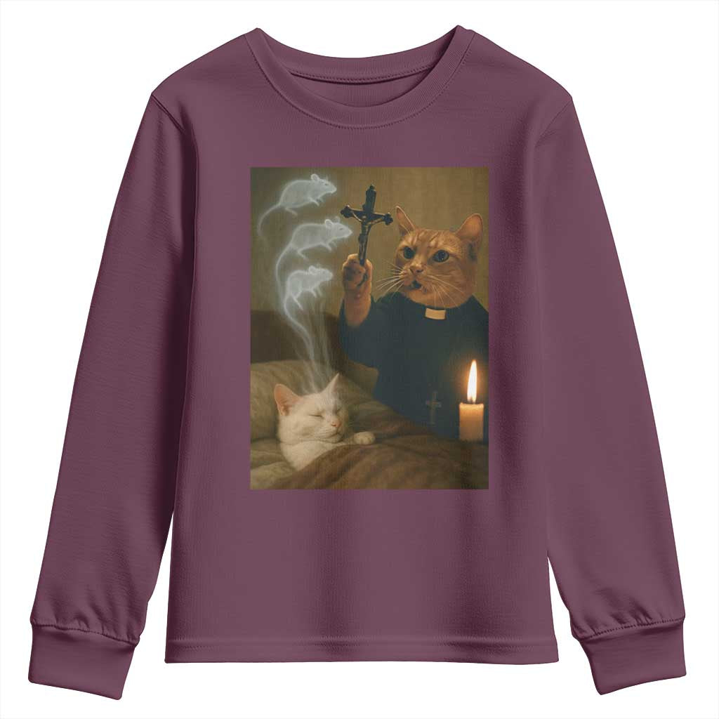 Funny Exorcist Cat Meme Youth Sweatshirt Dark Humor Cat TS10 Maroon Print Your Wear