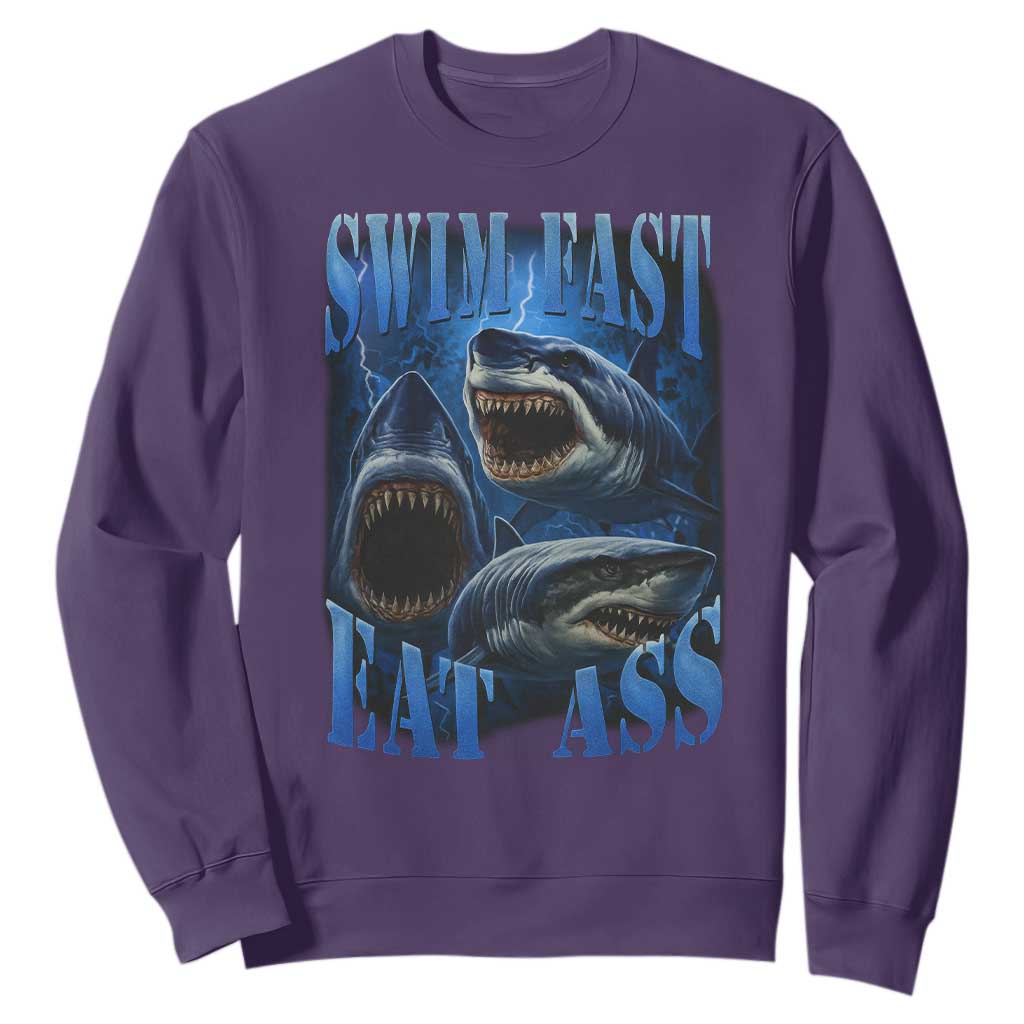 Retro Sharks Sweatshirt Swim Fast Eat Ass Vintage 90s Bootleg Graphic TS10 Purple Print Your Wear