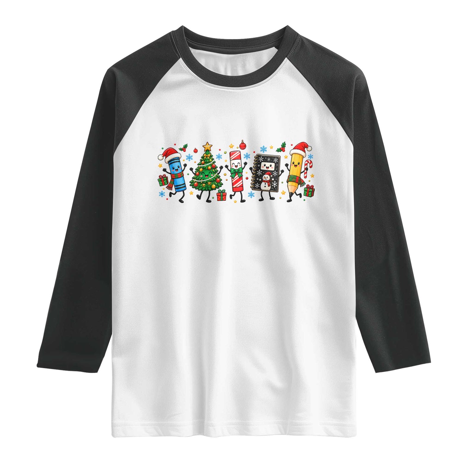 Christmas School Supplies Squad Raglan Shirt Cute Kawaii Teacher Student Holiday