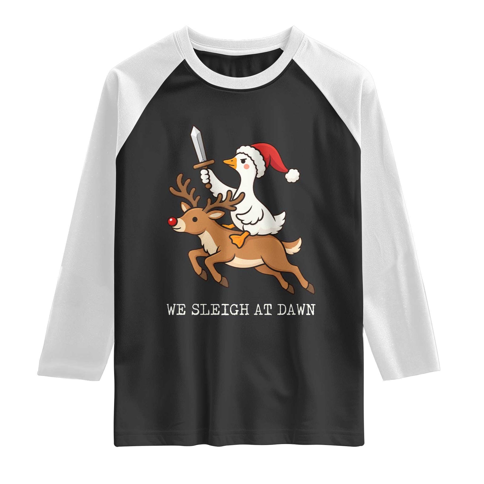 Funny Christmas Goose Riding Reindeer Raglan Shirt We Sleigh At Dawn Graphic