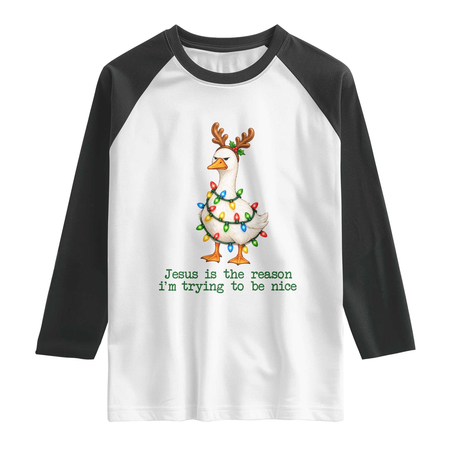 Funny Christmas Goose Raglan Shirt Jesus Is The Reason Im Trying To Be Nice