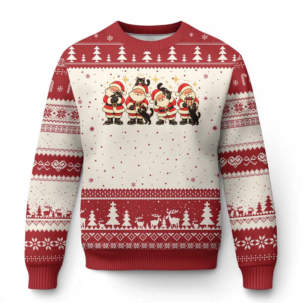 Vintage Xmas Santa Black Cat Ugly Christmas Sweater Cute Cozy Holiday Gift For Kitten Lovers