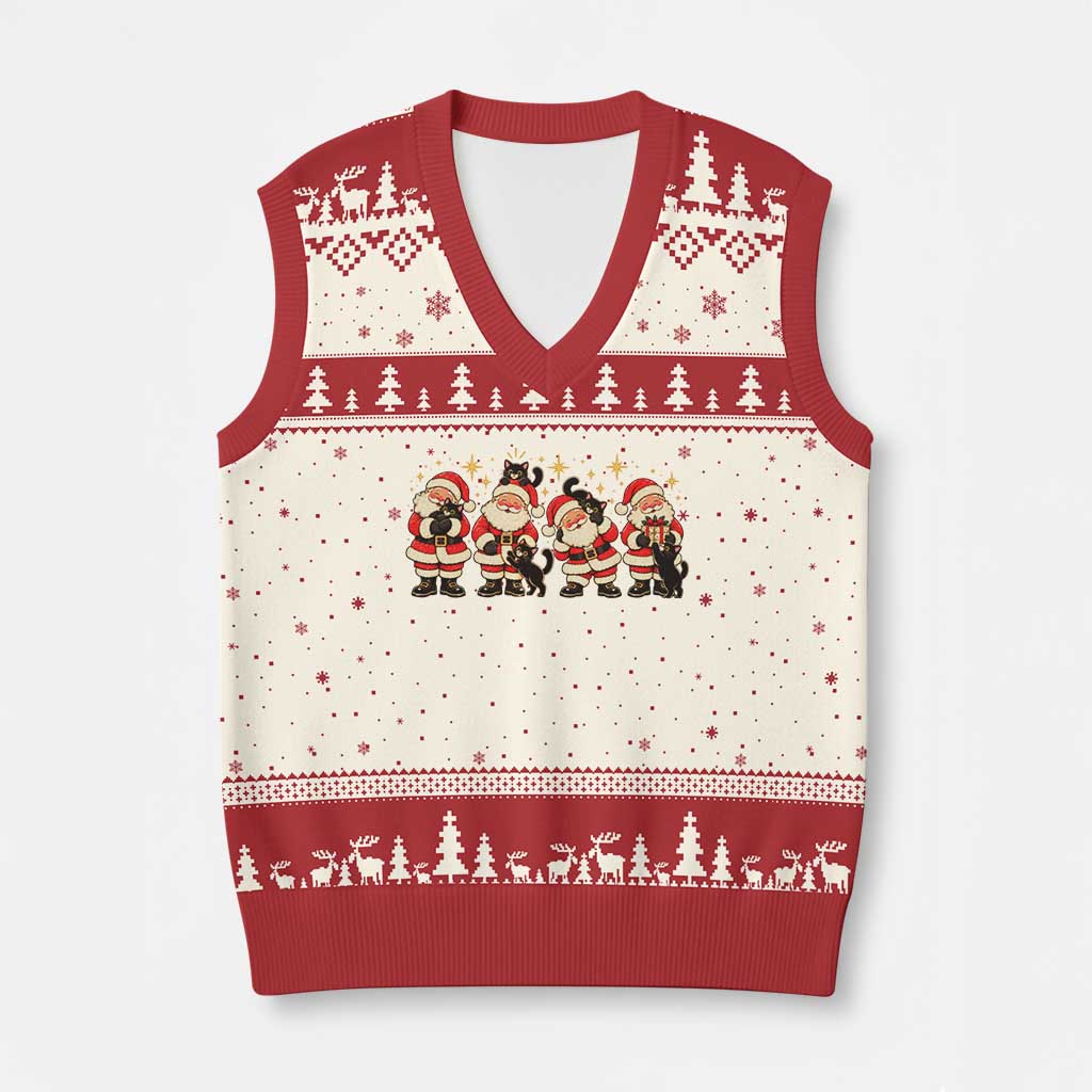 Vintage Xmas Santa Black Cat V-Neck Knit Sweater Vest Cute Cozy Holiday Gift For Kitten Lovers