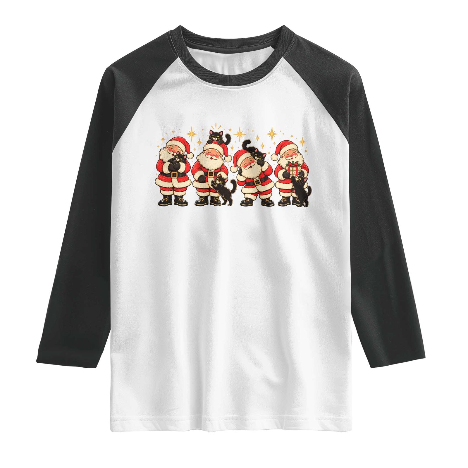 Vintage Christmas Santa Black Cat Raglan Shirt Cute Cozy Holiday Gift For Kitten Lovers