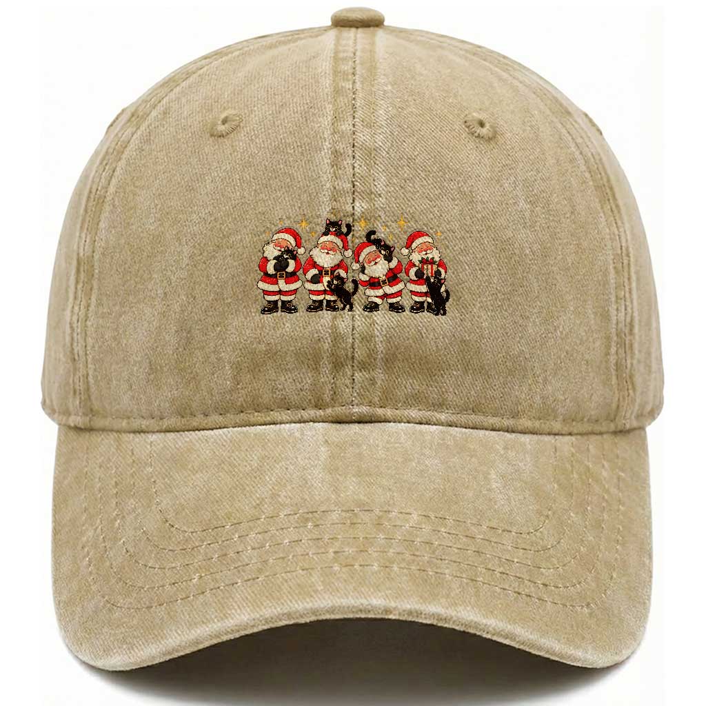 Vintage Christmas Santa Black Cat Washed Cotton Baseball Cap Cute Cozy Holiday Gift For Kitten Lovers
