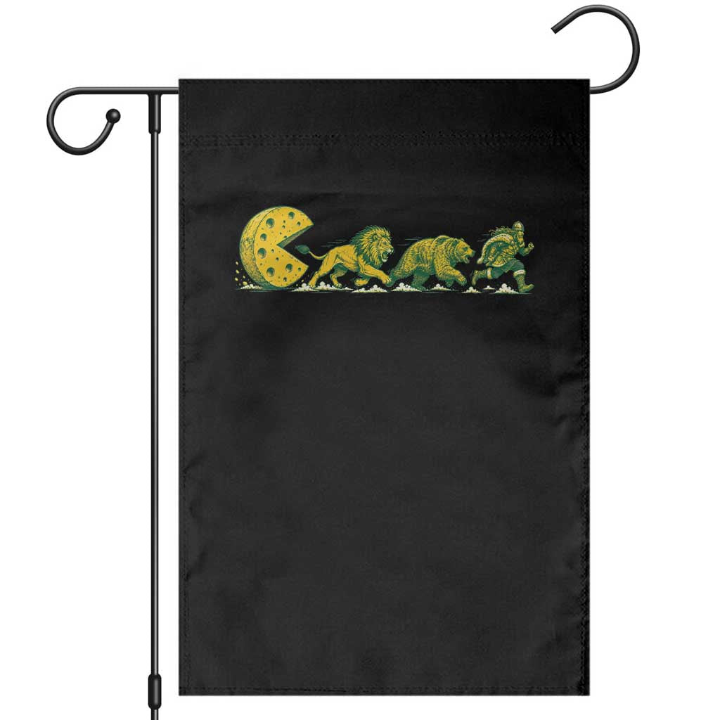 Funny Game Day Rivalry Garden Flag Giant Cheese Wheel Chasing Lion Bear Viking