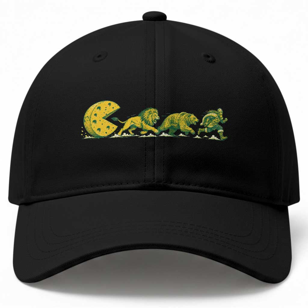 Funny Game Day Rivalry Baseball Cap Giant Cheese Wheel Chasing Lion Bear Viking