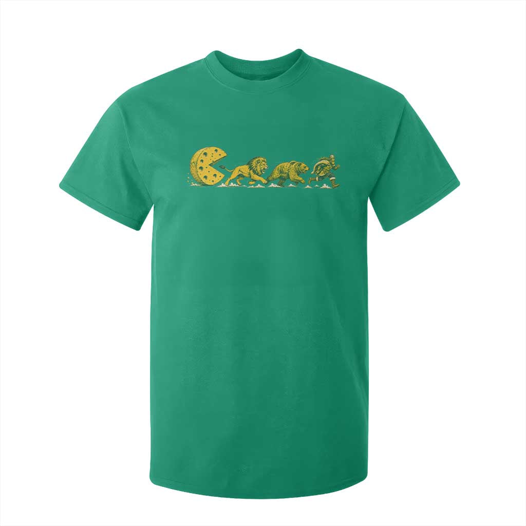 Funny Game Day Rivalry T Shirt For Kid Giant Cheese Wheel Chasing Lion Bear Viking
