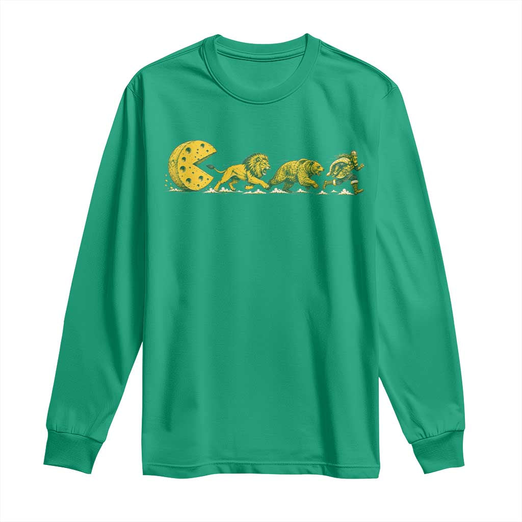 Funny Game Day Rivalry Long Sleeve Shirt Giant Cheese Wheel Chasing Lion Bear Viking