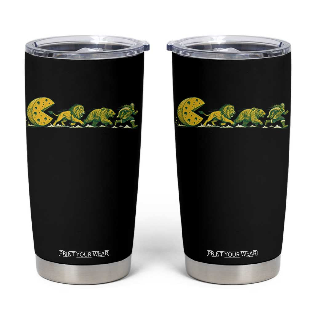 Funny Game Day Rivalry Tumbler Cup Giant Cheese Wheel Chasing Lion Bear Viking