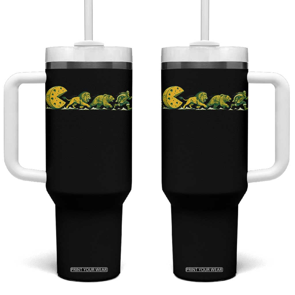 Funny Game Day Rivalry Tumbler With Handle Giant Cheese Wheel Chasing Lion Bear Viking