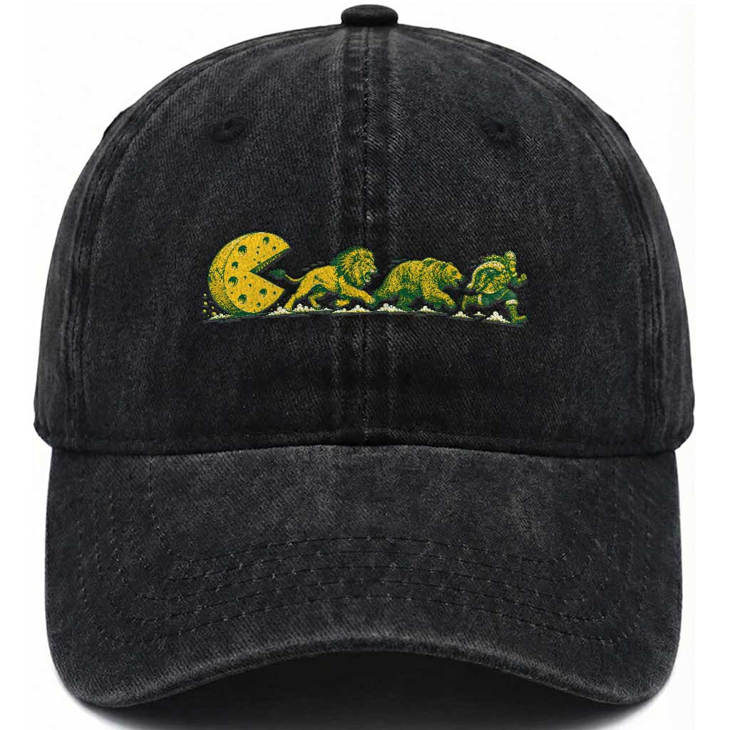 Funny Game Day Rivalry Washed Cotton Baseball Cap Giant Cheese Wheel Chasing Lion Bear Viking
