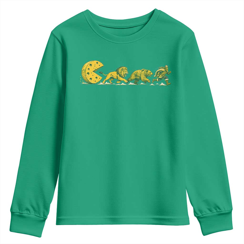 Funny Game Day Rivalry Youth Sweatshirt Giant Cheese Wheel Chasing Lion Bear Viking