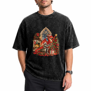 Dragon And Knight Decorating Christmas Tree Washed Cotton T-Shirt Medieval Fantasy Castle Holiday