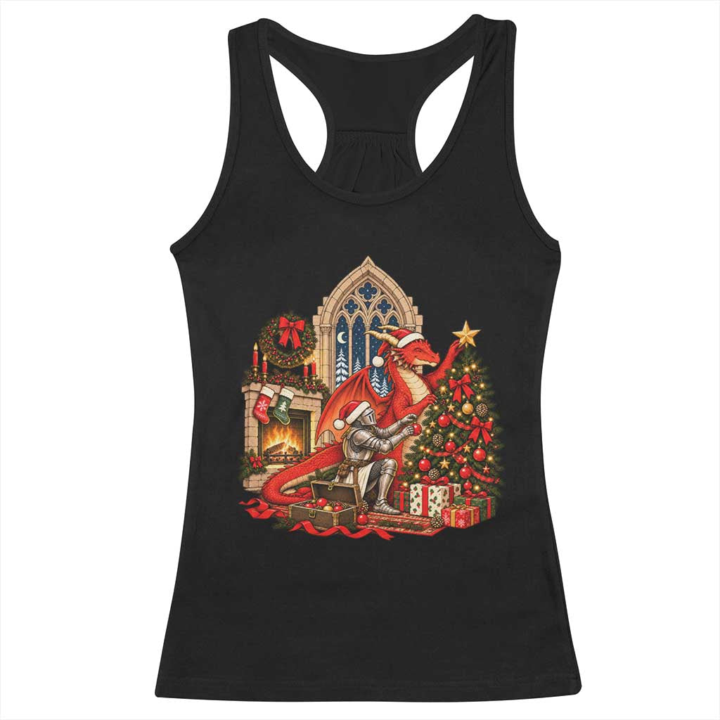 Dragon And Knight Decorating Christmas Tree Racerback Tank Top Medieval Fantasy Castle Holiday