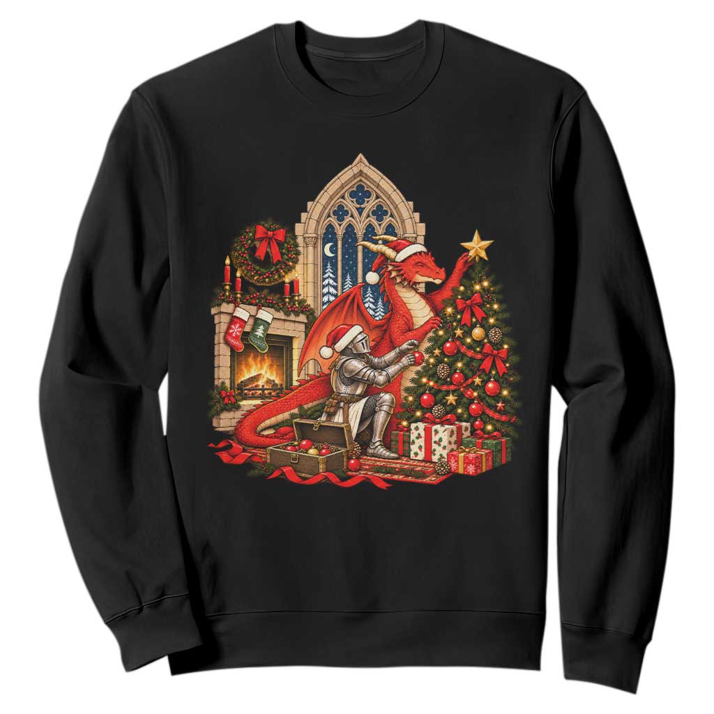 Dragon And Knight Decorating Christmas Tree Sweatshirt Medieval Fantasy Castle Holiday