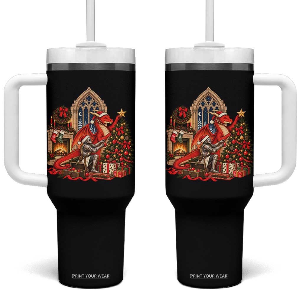 Dragon And Knight Decorating Christmas Tree Tumbler With Handle Medieval Fantasy Castle Holiday