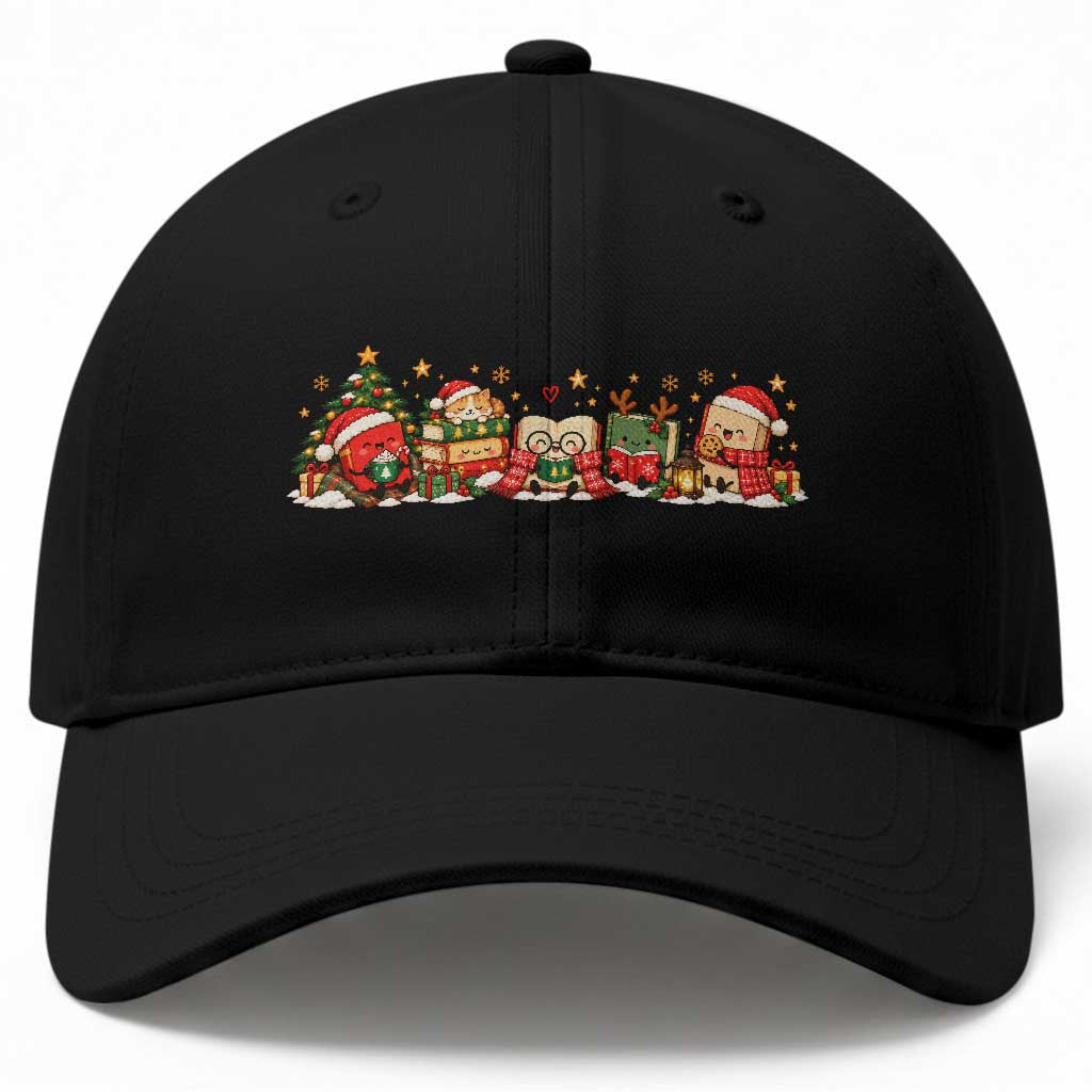 Cozy Book Lover Christmas Baseball Cap Holiday Reader Winter Bookish Cat Librarian