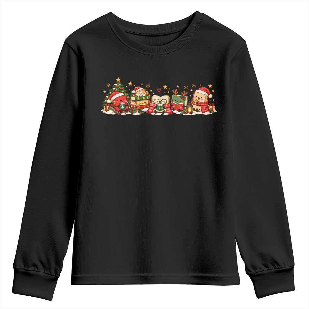 Cozy Book Lover Christmas Youth Sweatshirt Holiday Reader Winter Bookish Cat Librarian