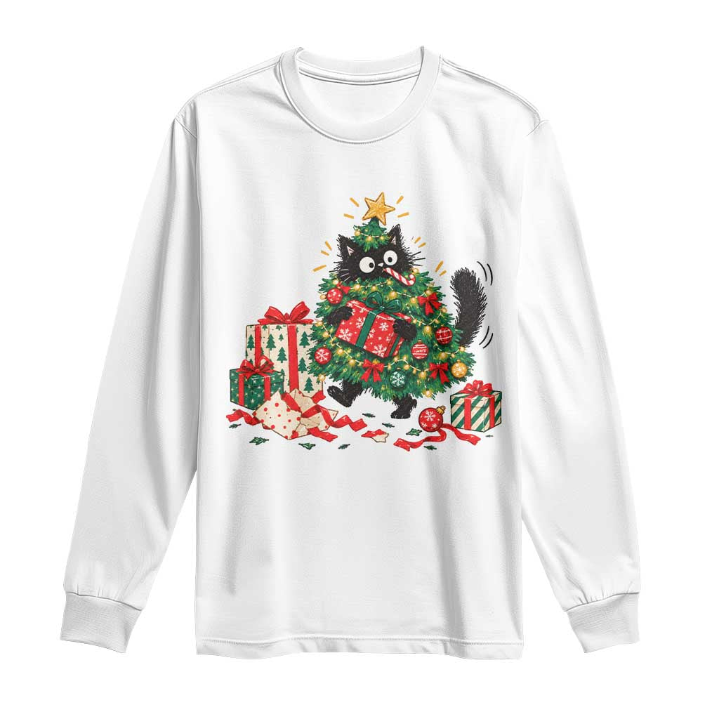 Christmas Black Cat Long Sleeve Shirt Funny Mischievous Pet Tree Decorating Holiday