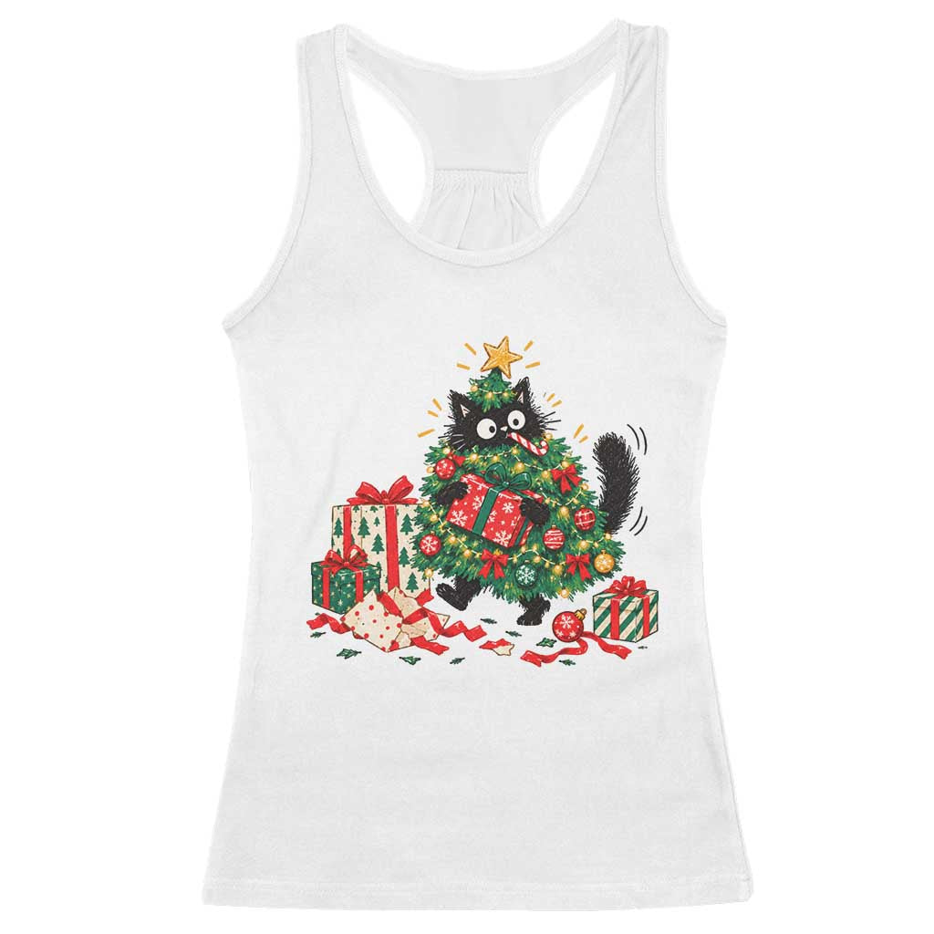 Christmas Black Cat Racerback Tank Top Funny Mischievous Pet Tree Decorating Holiday