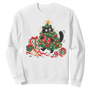 Christmas Black Cat Sweatshirt Funny Mischievous Pet Tree Decorating Holiday