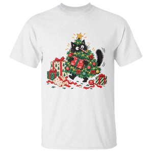 Christmas Black Cat T Shirt Funny Mischievous Pet Tree Decorating Holiday