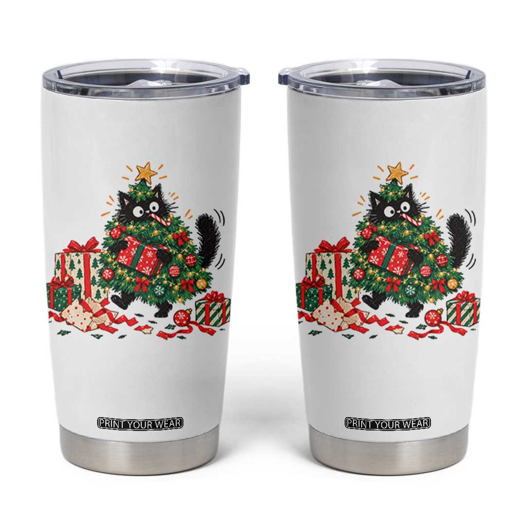 Christmas Black Cat Tumbler Cup Funny Mischievous Pet Tree Decorating Holiday