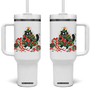 Christmas Black Cat Tumbler With Handle Funny Mischievous Pet Tree Decorating Holiday