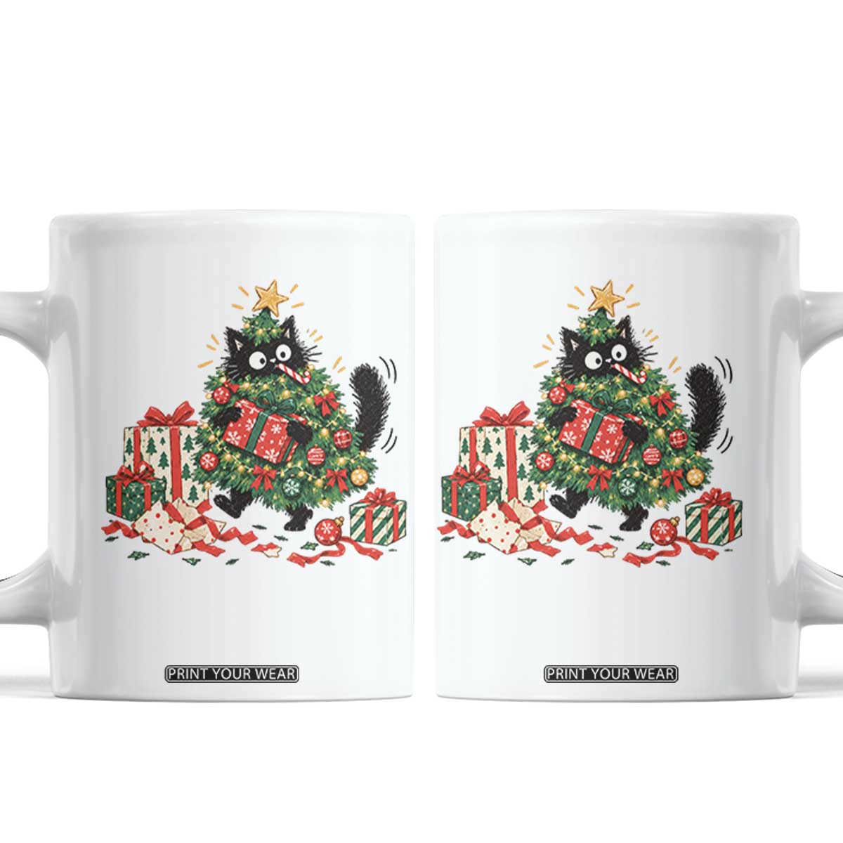 Christmas Black Cat Coffee Mug Funny Mischievous Pet Tree Decorating Holiday