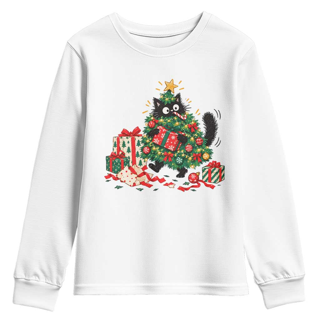 Christmas Black Cat Youth Sweatshirt Funny Mischievous Pet Tree Decorating Holiday