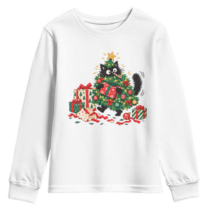 Christmas Black Cat Youth Sweatshirt Funny Mischievous Pet Tree Decorating Holiday