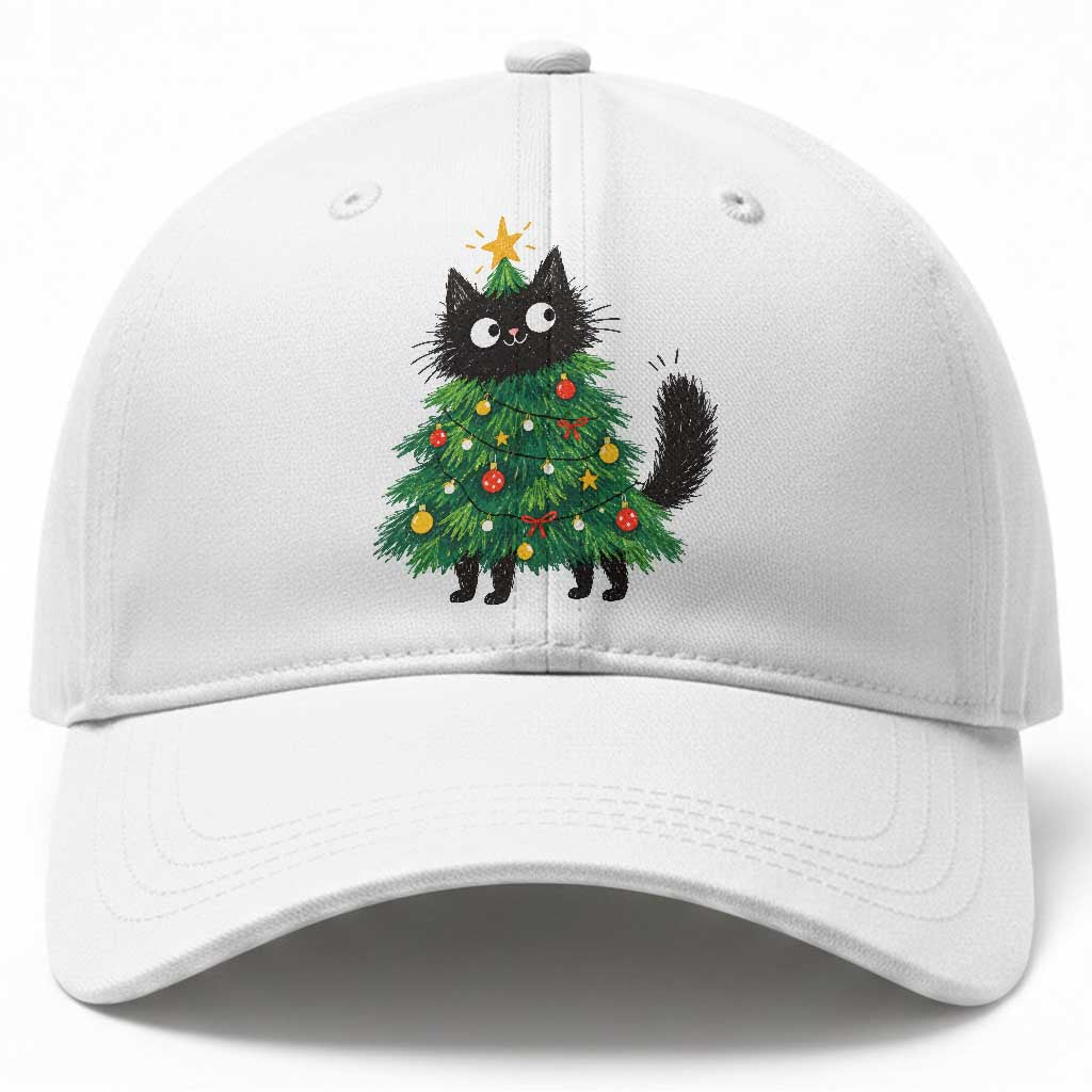 Funny Black Cat Christmas Tree Baseball Cap Holiday Kitten Cat Lover Graphic