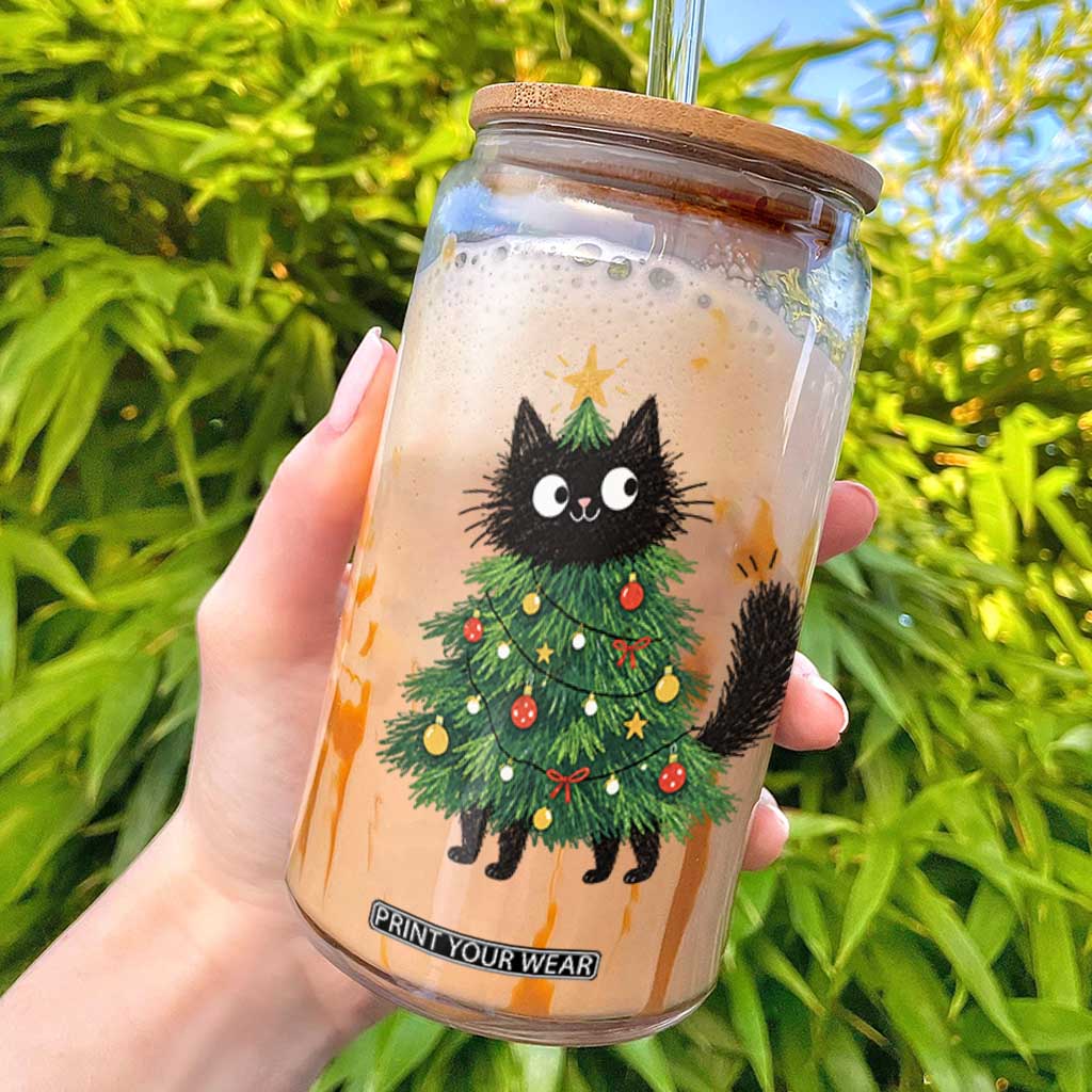 Funny Black Cat Christmas Tree Glass Can Holiday Kitten Cat Lover Graphic