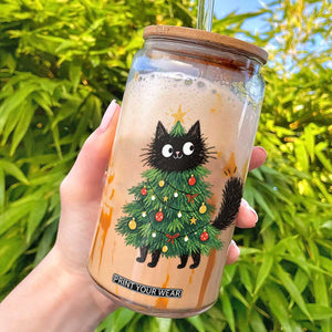 Funny Black Cat Christmas Tree Glass Can Holiday Kitten Cat Lover Graphic