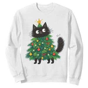 Funny Black Cat Christmas Tree Sweatshirt Holiday Kitten Cat Lover Graphic