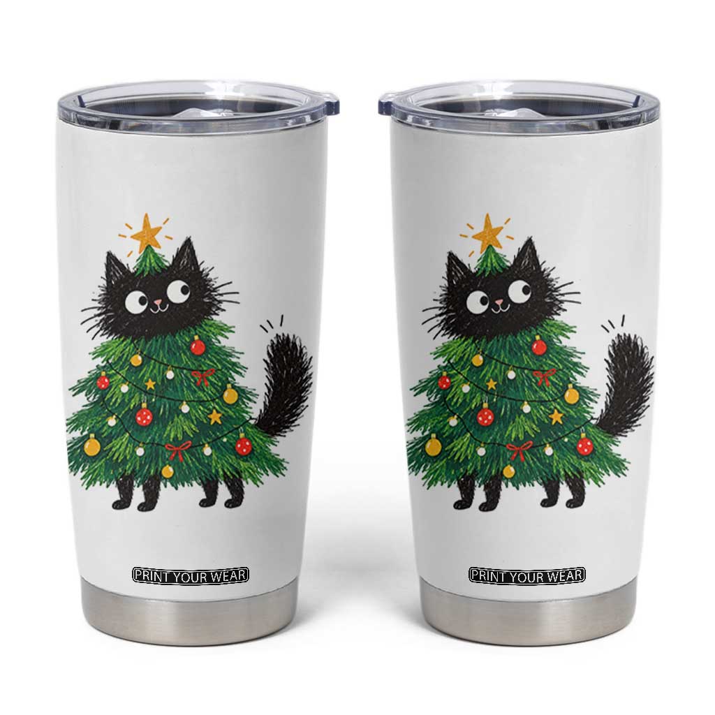 Funny Black Cat Christmas Tree Tumbler Cup Holiday Kitten Cat Lover Graphic