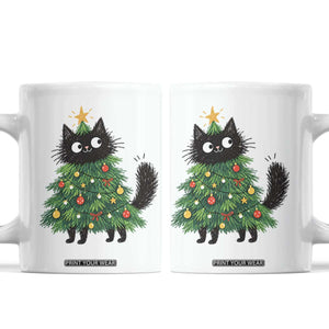 Funny Black Cat Christmas Tree Coffee Mug Holiday Kitten Cat Lover Graphic