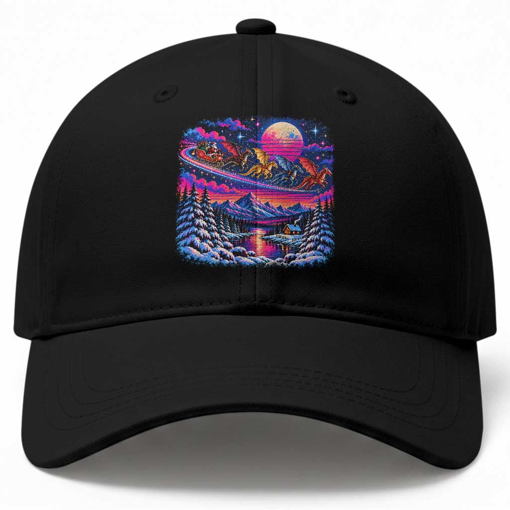 Santa Dragon Sleigh Fantasy Christmas Baseball Cap Synthwave Winter Retro Neon Holiday Night