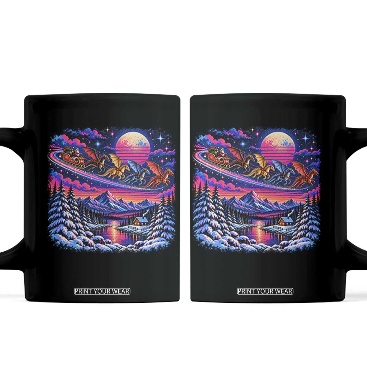 Santa Dragon Sleigh Fantasy Christmas Coffee Mug Synthwave Winter Retro Neon Holiday Night