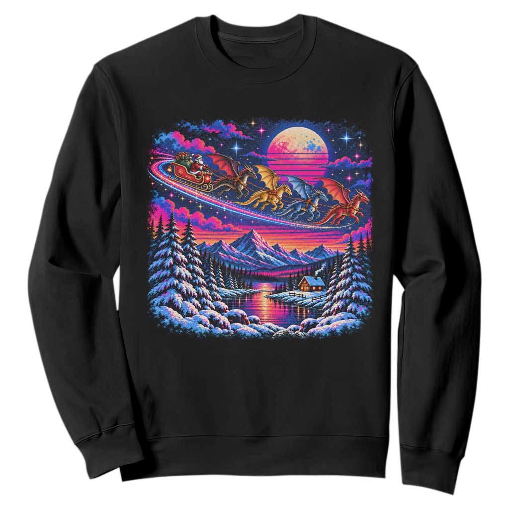Santa Dragon Sleigh Fantasy Christmas Sweatshirt Synthwave Winter Retro Neon Holiday Night