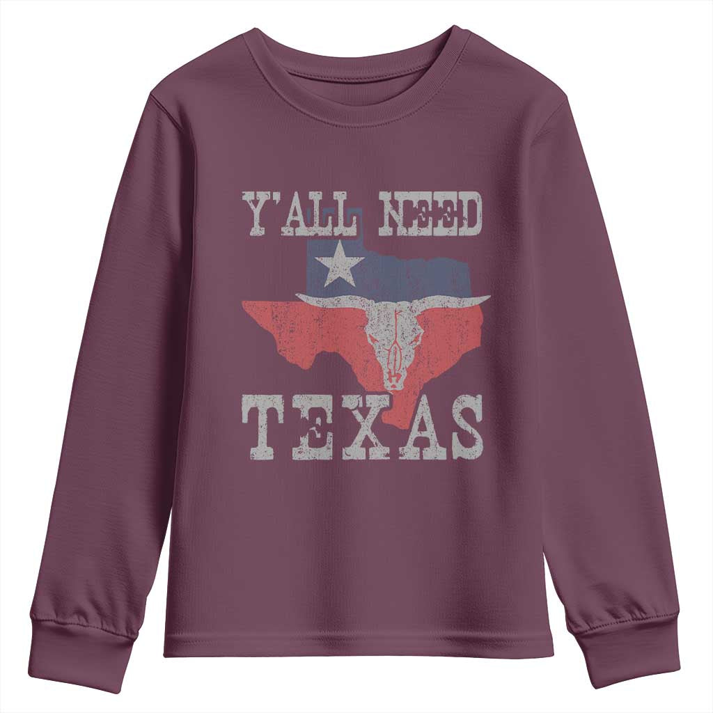 Yall Need Texas Youth Sweatshirt State Map Vintage TS10 Maroon Print Your Wear