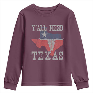 Yall Need Texas Youth Sweatshirt State Map Vintage TS10 Maroon Print Your Wear