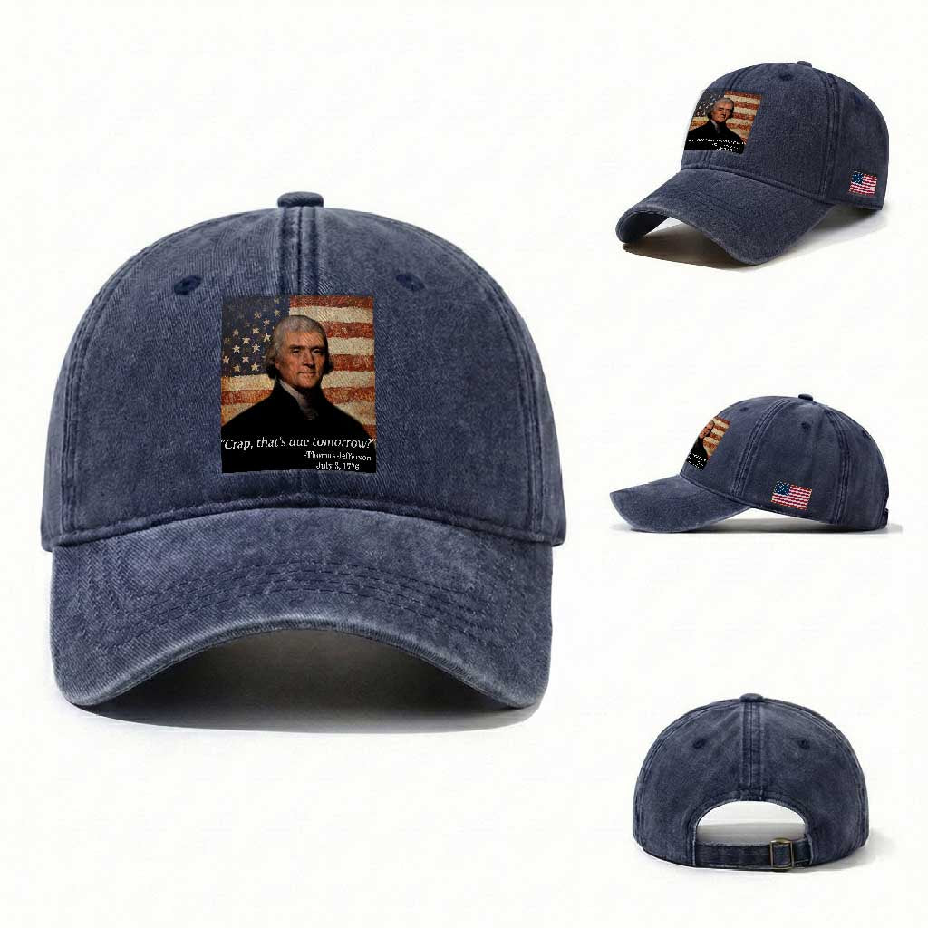 Funny 4th of July Washed Cotton Baseball Cap Thomas Jefferson That's Due Tomorrow? TS10 Washed Cap Universal Fit Navy Print Your Wear