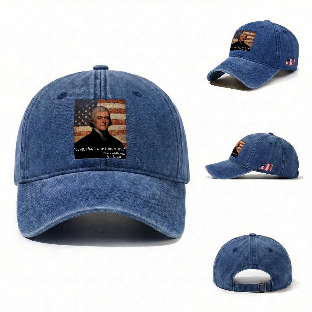 Funny 4th of July Washed Cotton Baseball Cap Thomas Jefferson That's Due Tomorrow? TS10 Washed Cap Universal Fit Royal Blue Print Your Wear
