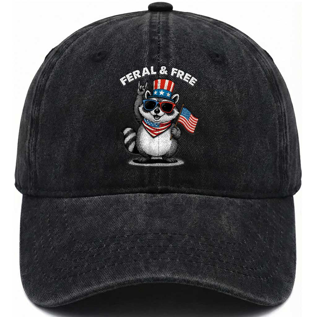 Funny Raccoon July 4th Washed Cotton Baseball Cap Patriotic Trash Panda Feral But Free TS10 Washed Cap Universal Fit Black Print Your Wear