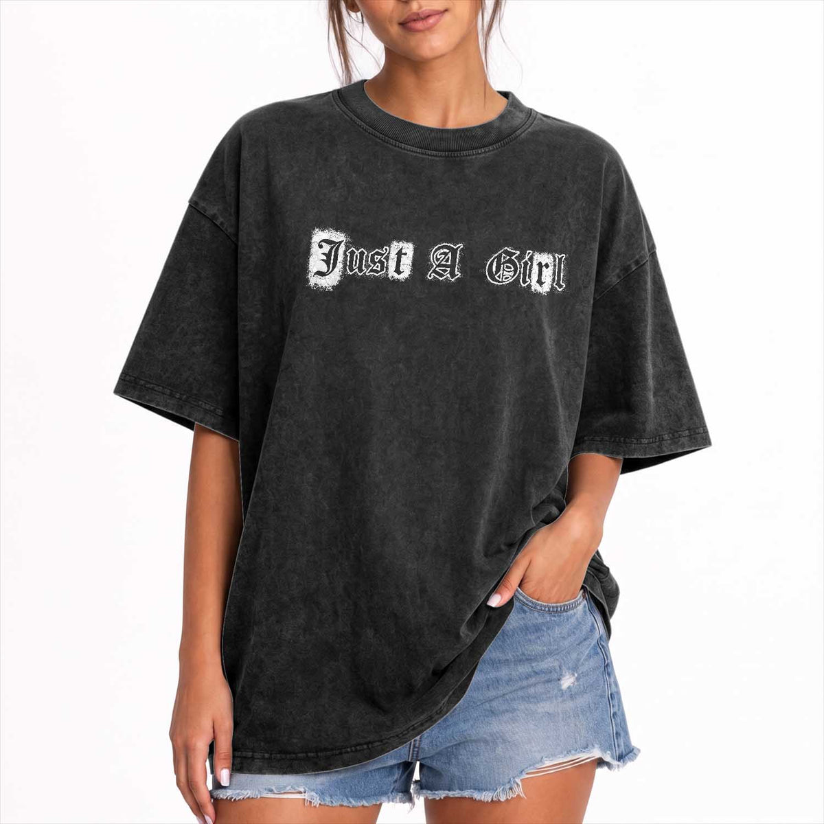 Just A Girl Washed Cotton T-Shirt Gothic Blackletter Typography Graphic